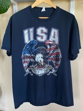 USA Eagle Graphic Tee Distressed Faded Navy/Black Shirt XL